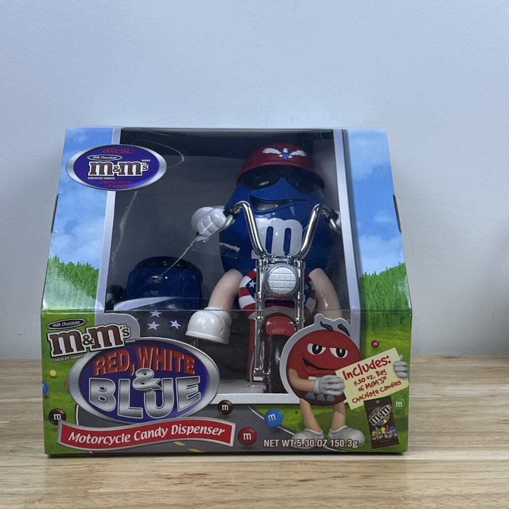 M&M's Candy Dispenser Red White and Blue Motorcycle New in Box Sealed
